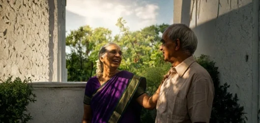Card_Indian couple laughing together in a courtyard during the Pilgrimage of Sound Viniyoga retreat
