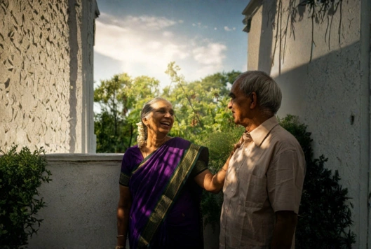 Card_Indian couple laughing together in a courtyard during the Pilgrimage of Sound Viniyoga retreat
