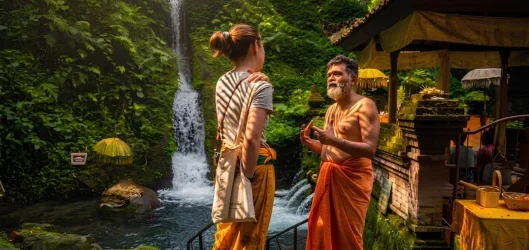 Card_Retreat guest conversing with a Balinese priest at a temple waterfall in Bali, part of the Reset in Paradise 2026 karmic cleanse excursion