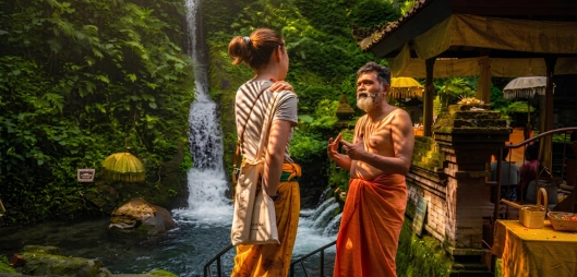 Card_Retreat guest conversing with a Balinese priest at a temple waterfall in Bali, part of the Reset in Paradise 2026 karmic cleanse excursion