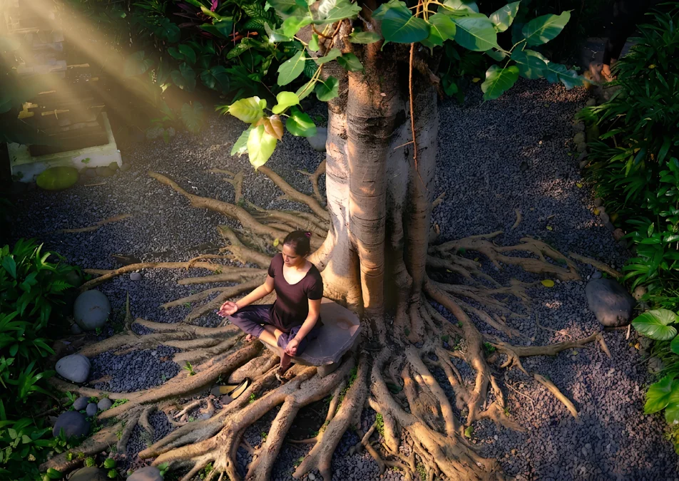 Woman meditating cross-legged on a stone seat beneath the exposed roots of a large banyan tree