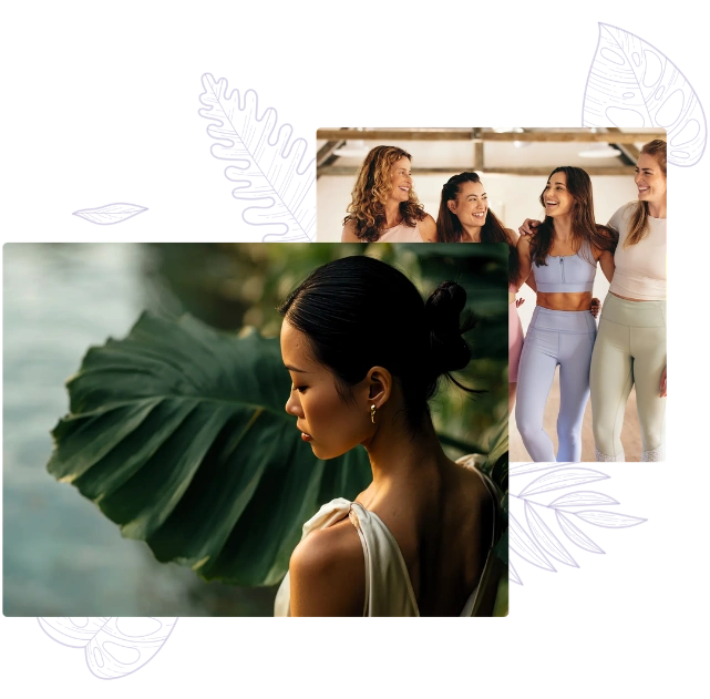 Woman standing by a lush tropical leaf beside a group of women laughing together after a yoga class at a wellness retreat