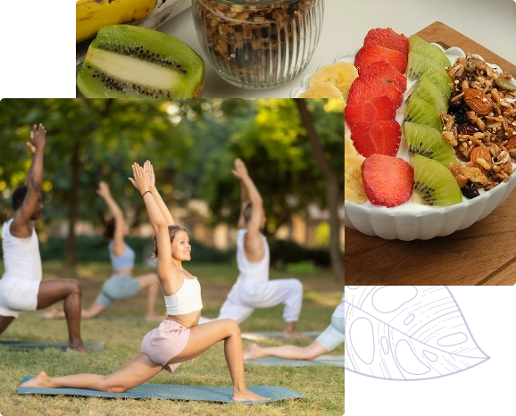 Yoga class practicing outdoors alongside a fresh fruit, granola, and yogurt bowl at a wellness retreat